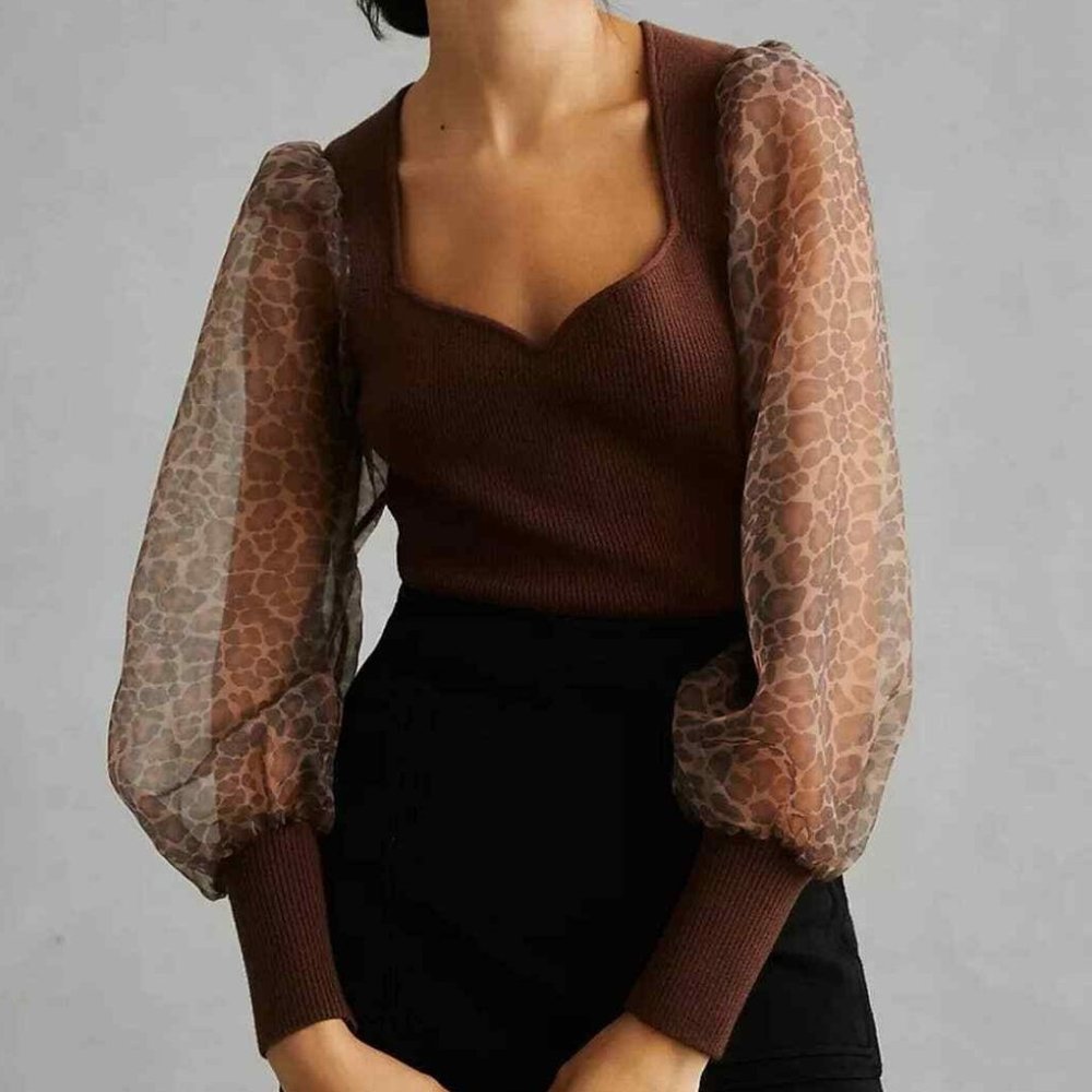 Anthropologie x Dolan Puff-Sleeve Sweater Brown Motif XS NWT
